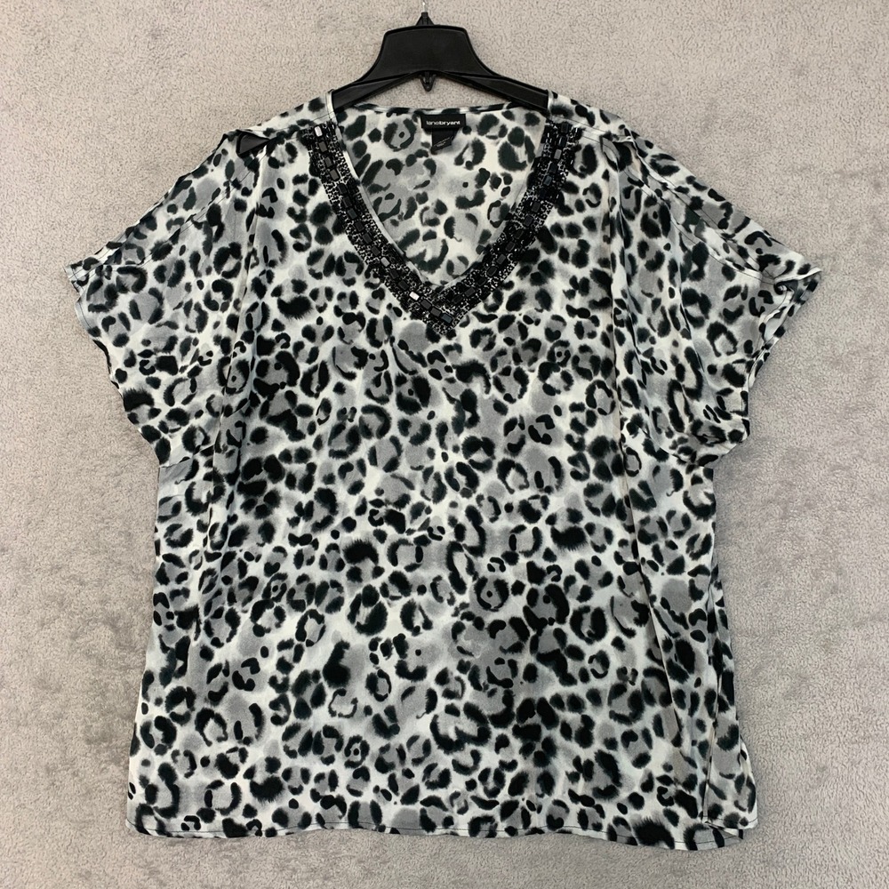 Lane Bryant Blouse Women's 18/20 Gray Polyester Animal Print Cold Shoulder